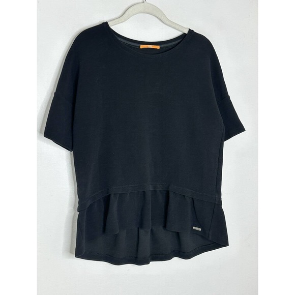 BOSS by HUGO BOSS Women Black Short Sleeve Hi Low Ruffle T Shirt Blouse Sz M - Picture 2 of 8